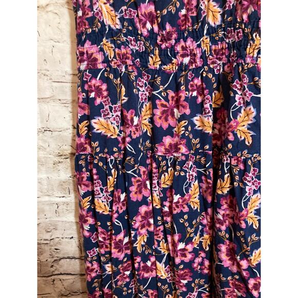 Old Navy Linen Midi Dress Womens Medium Navy & Purple Floral Babydoll Tiered - Picture 6 of 15